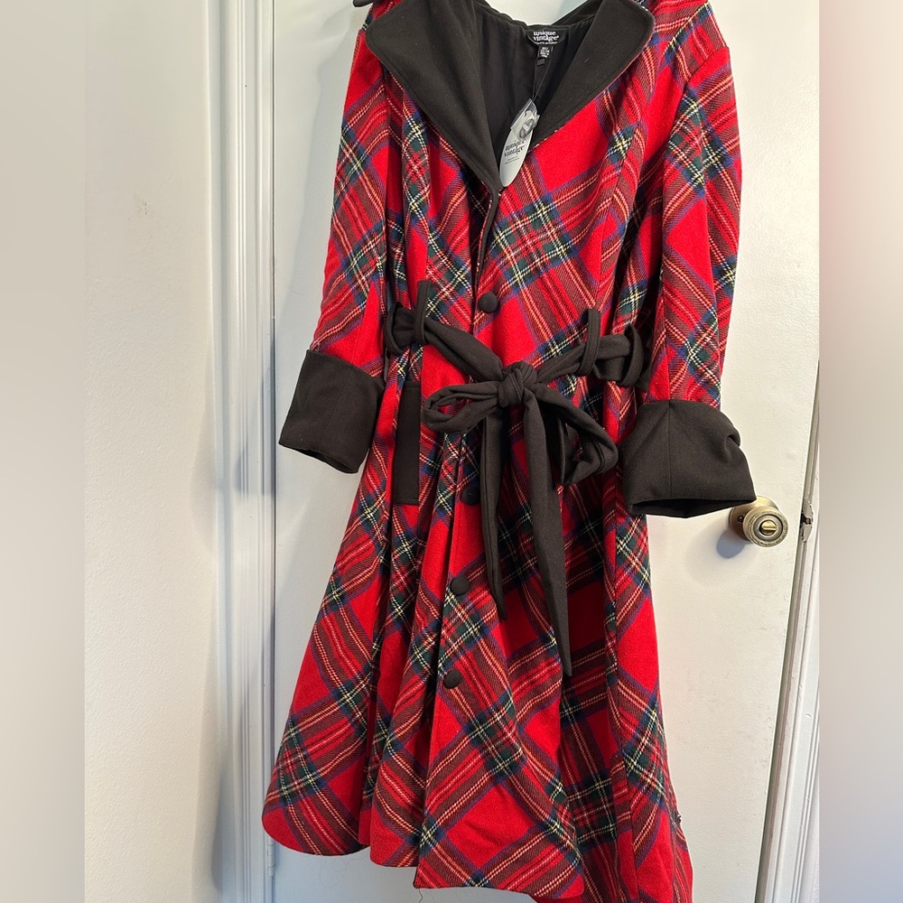 NWT Unique Vintage red tartan plaid swing coat plus size 22/24